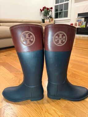 Tory Burch black with brown Logo Rain Boots